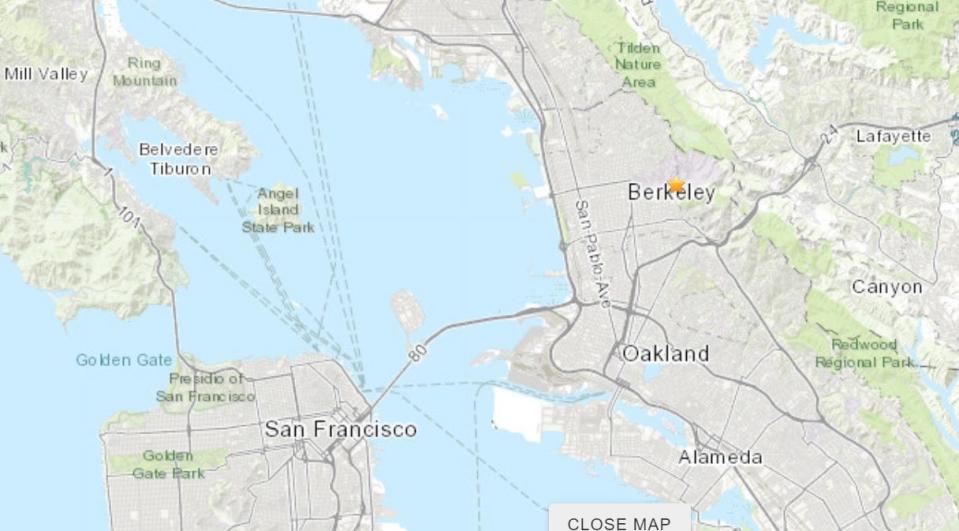 A small earthquake (orange star) hit near the campus of the University of California - Berkeley on Tuesday, June 9, 2020.