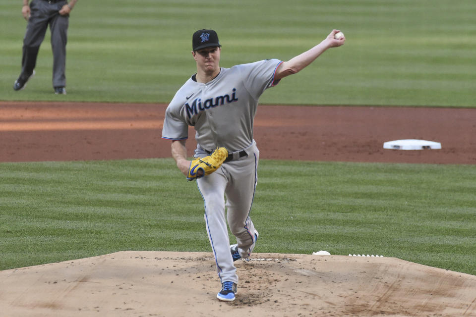 Miami Marlins starting pitcher Trevor Rogers throws during the first inning of the team's baseball game against the St. Louis Cardinals on Tuesday, June 15, 2021, in St. Louis. (AP Photo/Joe Puetz)