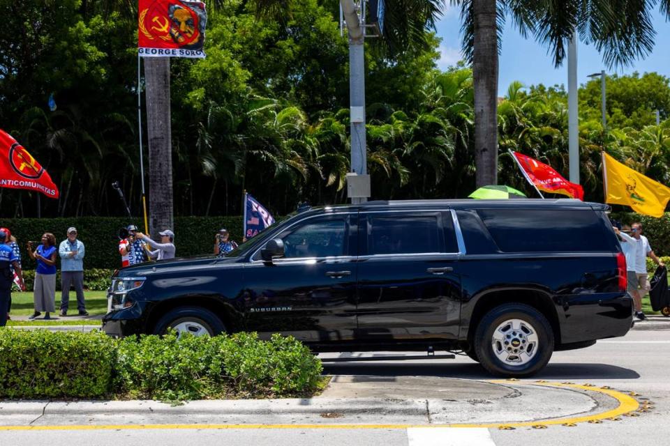 Former President Donald Trump’s motorcade passes supporters as it passes Trump National Doral Miami to Wilkie D. Ferguson Jr. U.S. Courthouse on Tuesday, June 13, 2023, in Doral, Florida. Trump is making a federal court appearance on felony charges accusing him of illegally hoarding classified documents.