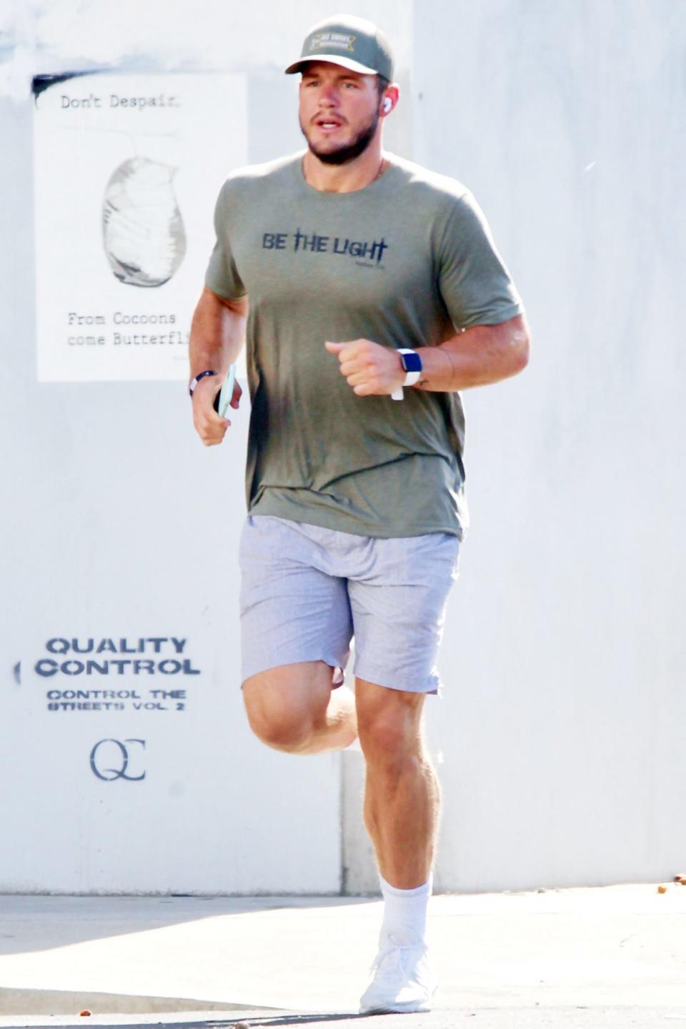 <p>Colton Underwood pounds the pavement solo in Huntington Beach, California, on Tuesday.</p>