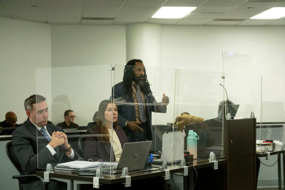 Attorney Brian Brown speaks on behalf of Michael Jackson-Bolanos in Jackson-Bolanos' preliminary hearing in front of Judge Kenneth King on January 16, 2024 at 36th District Court in Detroit. Jackson-Bolanos, 28, of Detroit, is accused of fatally stabbing Woll eight times around her face and neck during an Oct. 21 home invasion in Detroit's Lafayette Park neighborhood, just east of downtown. He was charged in the killing Dec. 13 and held without bond after a previous suspect was taken into custody, never charged and later released.