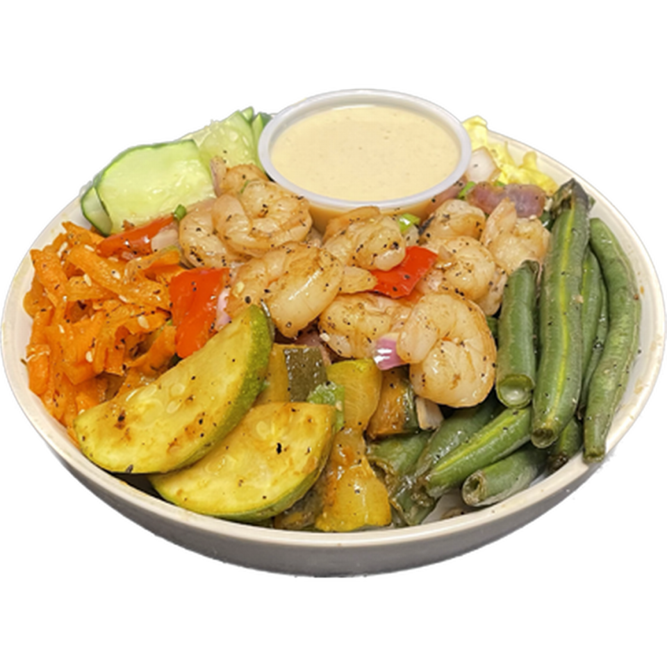 A shrimp and noodle bowl from Okome Asian Grill, coming to South Limestone soon. Provided