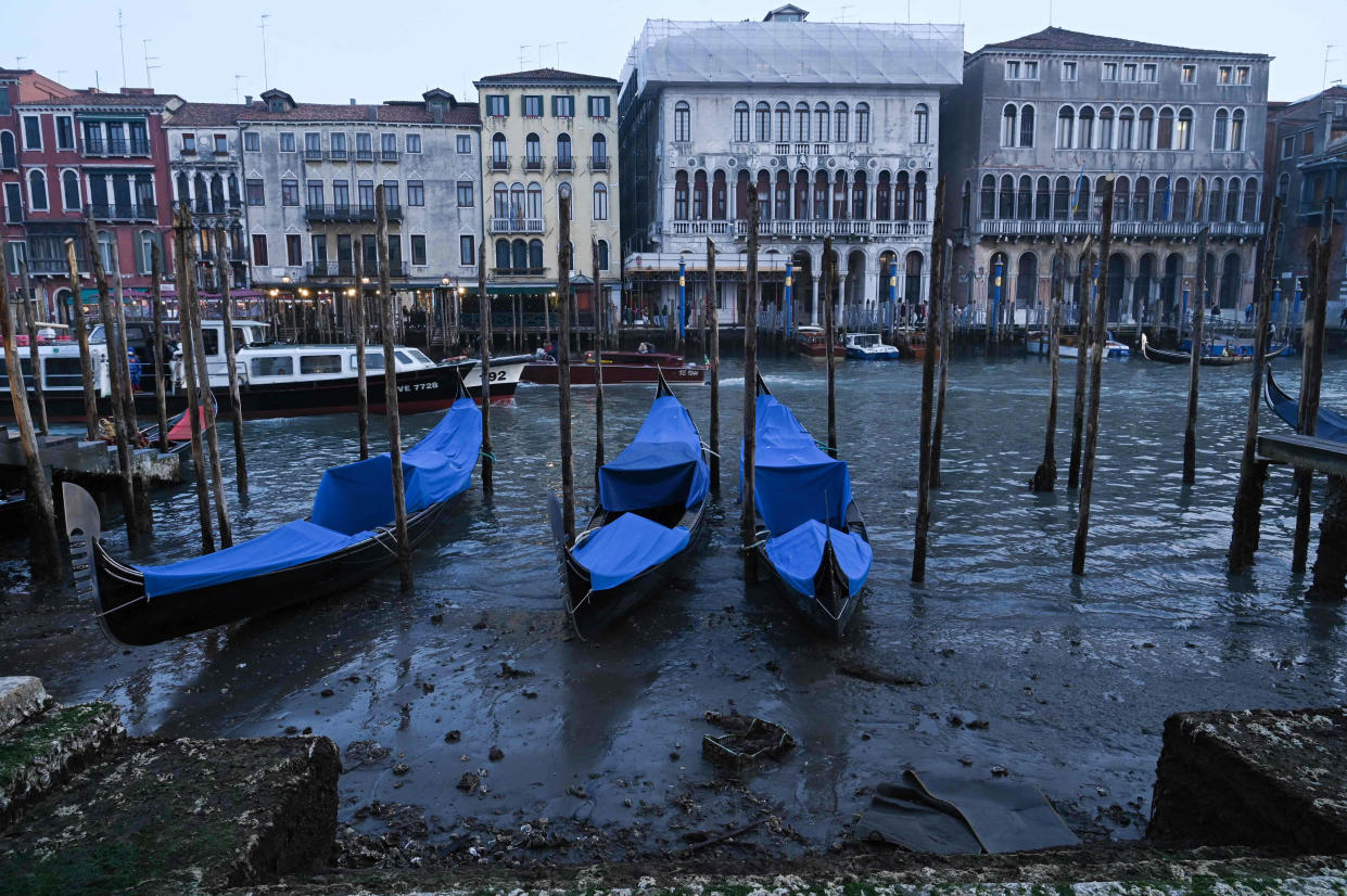 Some of Venice's secondary canals have practically dried up lately due a prolonged spell of low tides linked to a lingering high-pressure weather system.  (Marco Sabadin / AFP - Getty Images)
