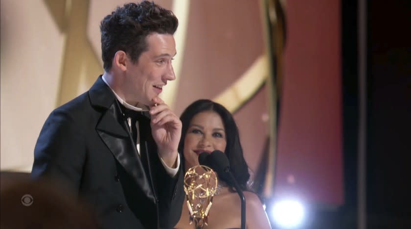 In this video grab issued Sunday, Sept. 19, 2021, by the Television Academy, Josh O'Connor accepts the award for outstanding lead actor in a drama series for "The Crown" during the Primetime Emmy Awards. (Television Academy via AP)
