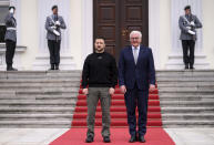 Ukrainian President Volodymyr Zelenskyy, left, and German President Frank-Walter Steinmeier attend a welcome ceremony at Bellevue Palace, in Berlin, Sunday, May 14, 2023. Zelenskyy arrived in Berlin early Sunday for talks with German leaders about further arms deliveries to help his country fend off the Russian invasion and rebuild what’s been destroyed by more than a year of devastating conflict. (Bernd von Jutrczenka/Pool Photo via AP)