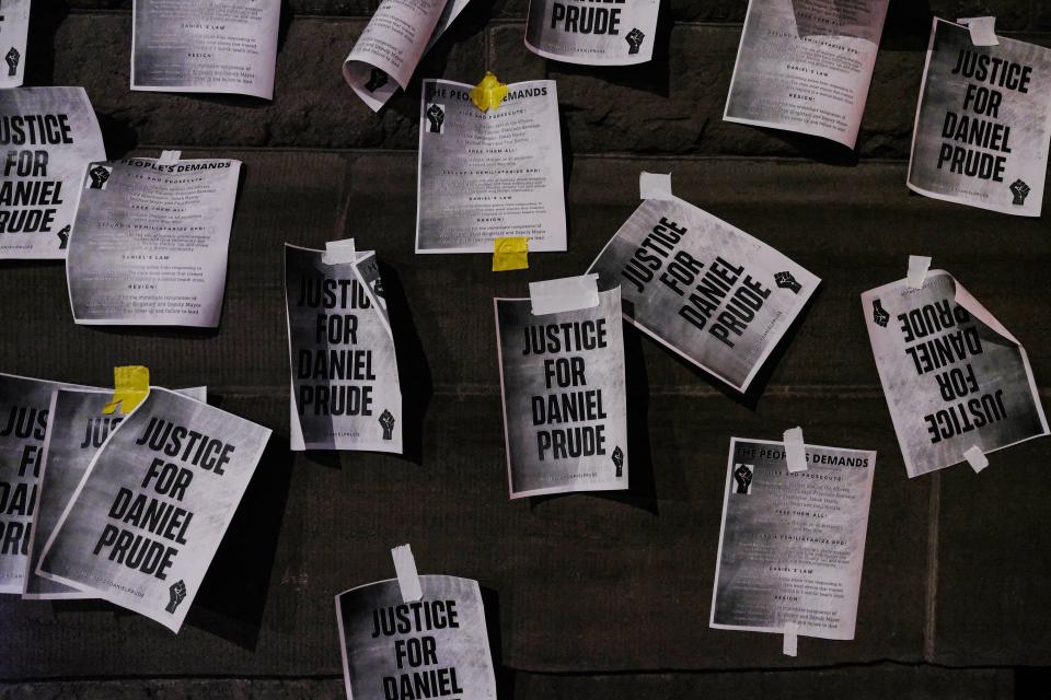 Notices reading "Justice for Daniel Prude" are pasted on the exterior walls of City Hall in protest of the police killing of Daniel Prude in the early morning of Sept. 9, in Rochester, New York.