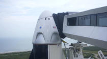 This Wednesday, May 27, 2020 image from video made available by SpaceX shows the Crew Dragon capsule before launch from the Kennedy Space Center in Cape Canaveral, Fla., later in the day. (SpaceX via AP)