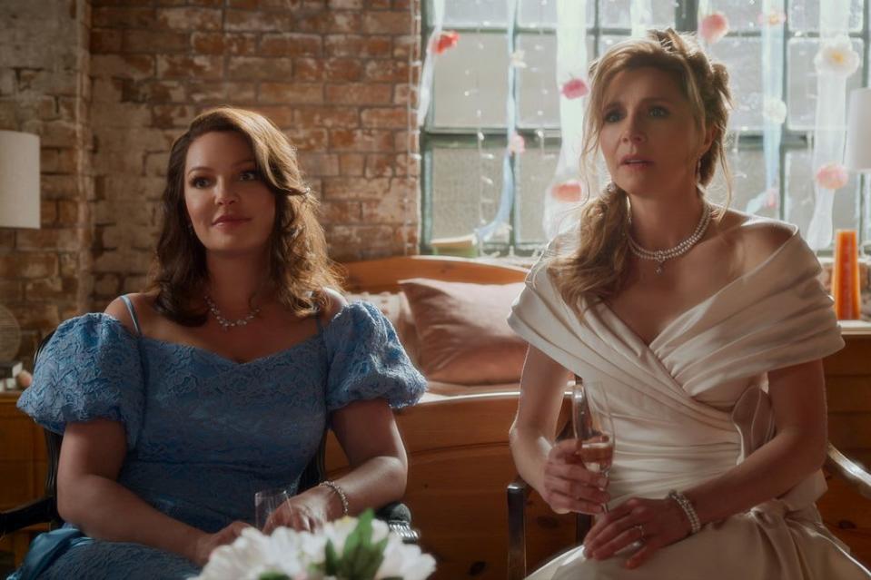 Katherine Heigl and Sarah Chalke sit in ball gowns in season two of Firefly Lane