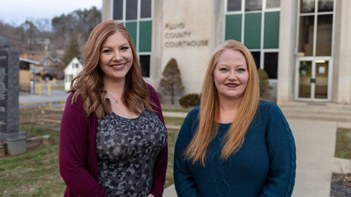 Jessica Hensley, left, and Mary Prater, right, stood outside the Floyd County Courthouse on January 4, 2024, where longtime Floyd County administrator, educator and coach April Bradford pleaded guilty in November to a host of charges related to the sexual abuse of the two women when they were teens. January 4, 2024.