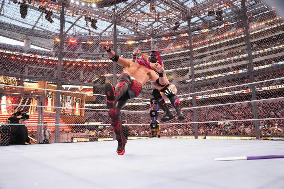 Edge and Finn Balor meet in the Hell in the Cell match at WrestleMania 39 from SoFi Stadium in Inglewood, California.