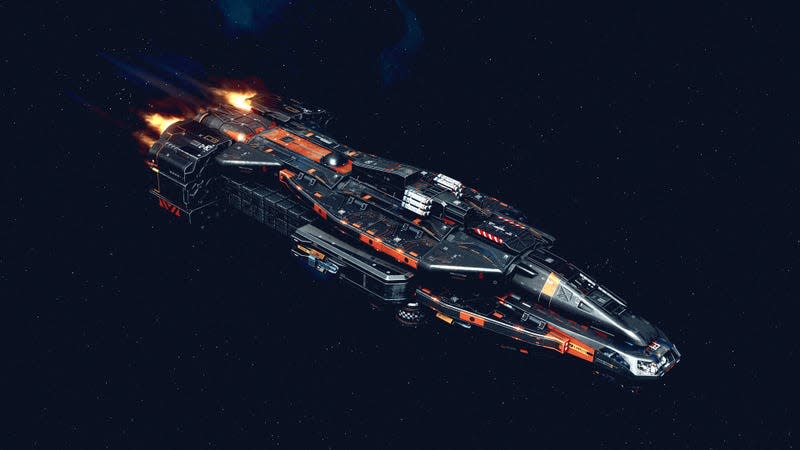 A remake of The Expanse's Rocinante flies through Starfield.