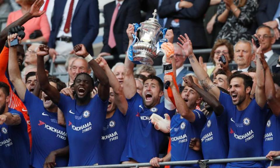 Gary Cahill lifts the FA Cup after Chelsea’s 1-0 win over Manchester United at Wembley.