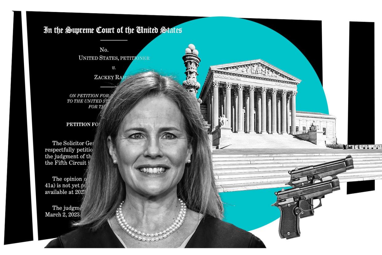 Amy Coney Barrett smiling, the text of Rahimi, the Supreme Court building, and a gun.