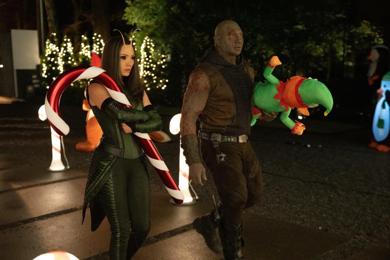 Mantis (Pom Klementieff) and Drax (Dave Bautista) are on a mission to get their sad pal the Christmas gift of a lifetime in "The Guardians of the Galaxy Holiday Special."