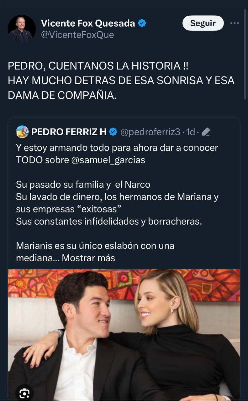 El comentario de Vicente Fox sobre Mariana Rodríguez, antes de que su cuenta en X (antes Twitter) fuera suspendida