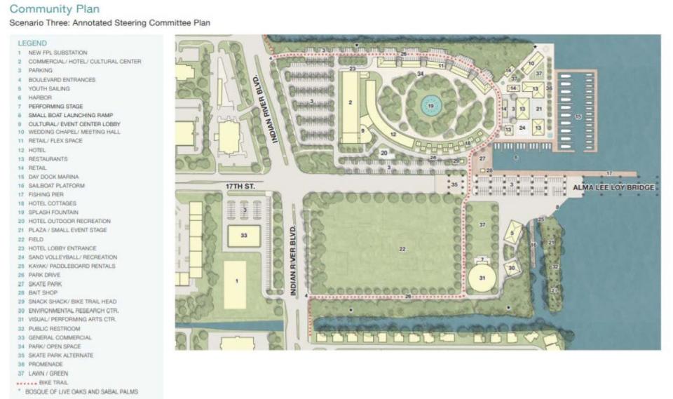 Vero Beach has been working from this iteration of a conceptual plan for the three corners it owns at 17th Street and Indian River Boulevard. This plan was part of the Vero Beach City Council agenda Nov. 16, 2021. On that date, consultants suggested moving some things around.