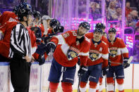 Florida Panthers right wing Brett Connolly (10) celebrates his second-period goal against the New York Rangers in an NHL hockey game, Saturday, Nov. 16, 2019, in Sunrise, Fla. (AP Photo/Joe Skipper)