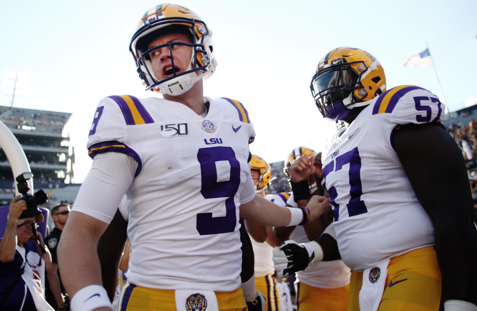 BATON ROUGE, LOUISIANA - AUGUST 31:  Quarterback Joe Burrow #9 of the LSU Tigers heads onto the field against Georgia Southern Eagles at Tiger Stadium on August 31, 2019 in Baton Rouge, Louisiana. (Photo by Marianna Massey/Getty Images)