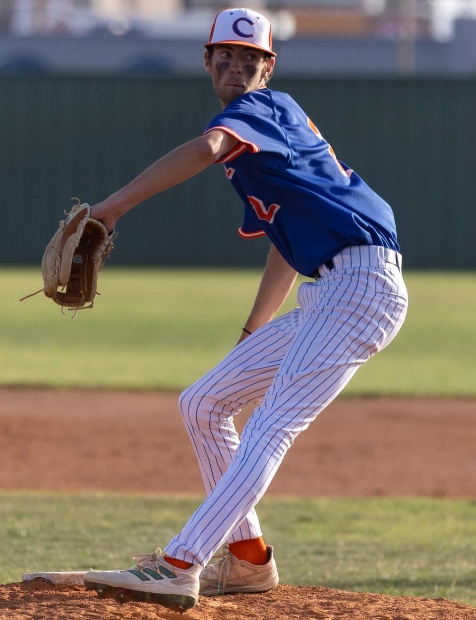San Angelo Central High School pitcher Hunter Weidner gets ready to fire a pitch against Abilene High at Nathan Donsky Field on Tuesday, March 29, 2022.