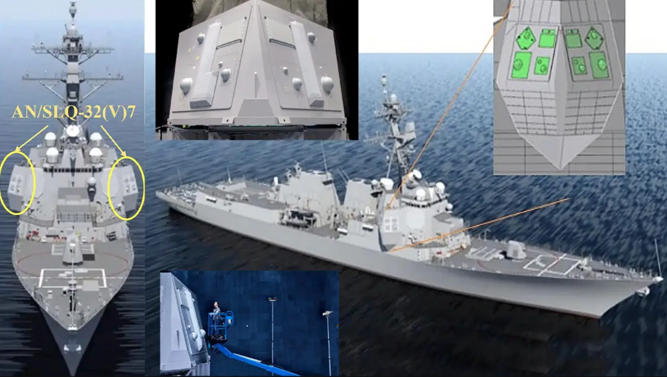 Later concept art better shows the large geometric extensions on both sides of the forward superstructure. <em>U.S. Navy</em>