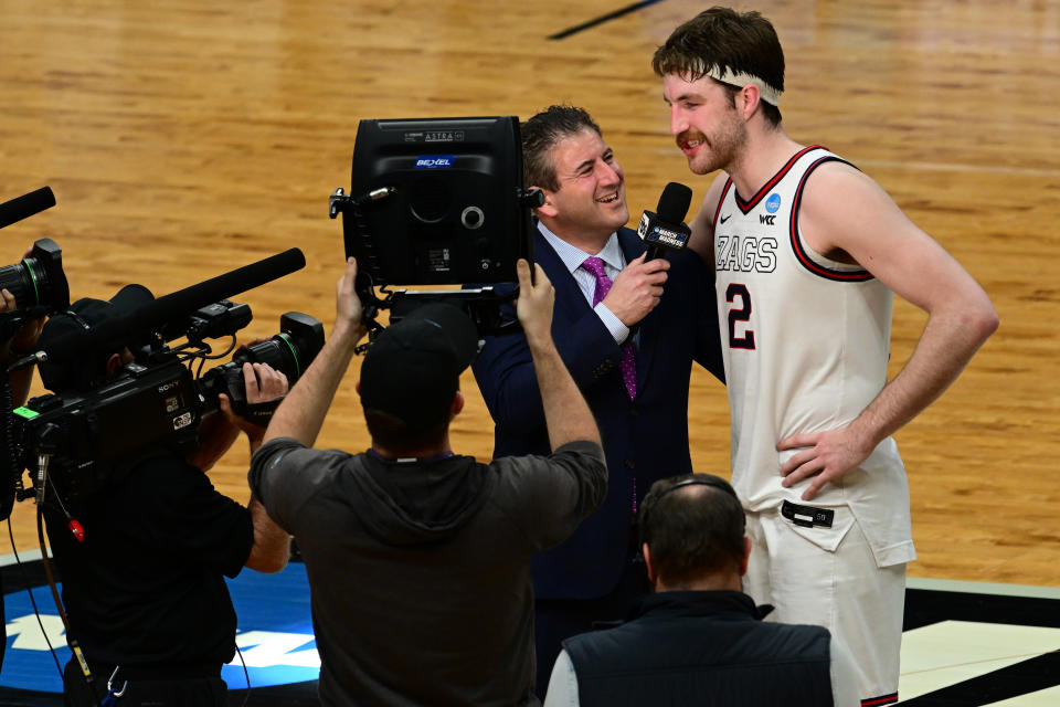 Gonzaga Bulldogs forward Drew Timme (2) gets interviewed after the second round of the NCAA tournament in Denver on March 19, 2023. (Helen H. Richardson/MediaNews Group/The Denver Post via Getty Images)