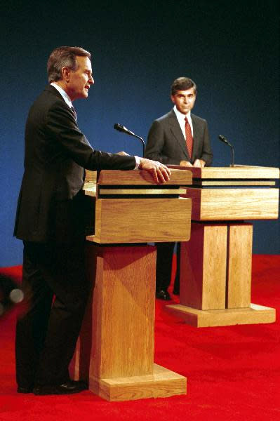 U.S. Vice President George H.W. Bush and Democratic presidential candidate Michael Dukakis are pictured during a U.S. presidential election debate in Los Angeles