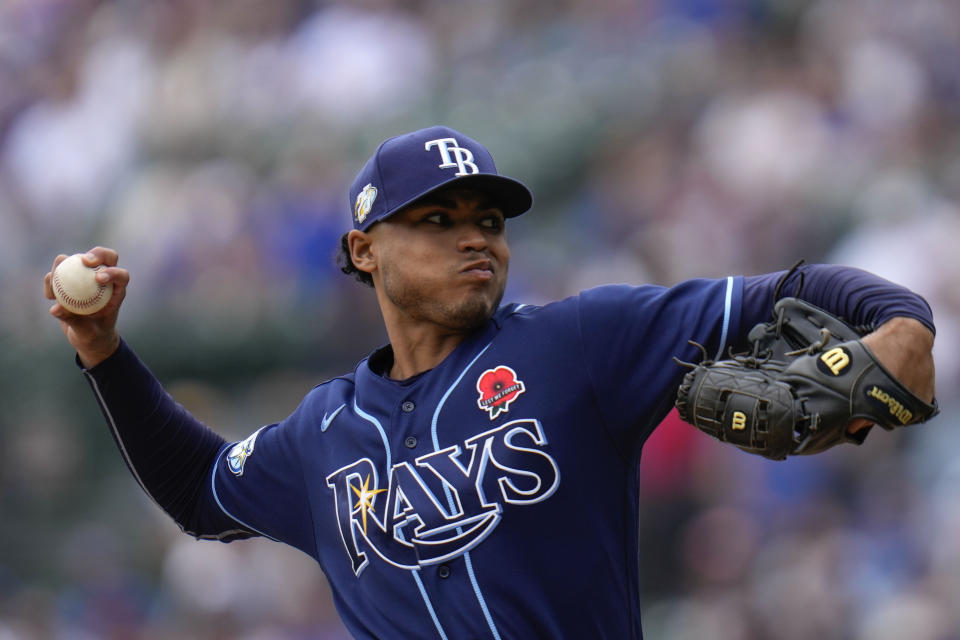 Tampa Bay Rays starting pitcher Taj Bradley throws during the first inning of a baseball game against the Chicago Cubs Monday, May 29, 2023, in Chicago. (AP Photo/Erin Hooley)