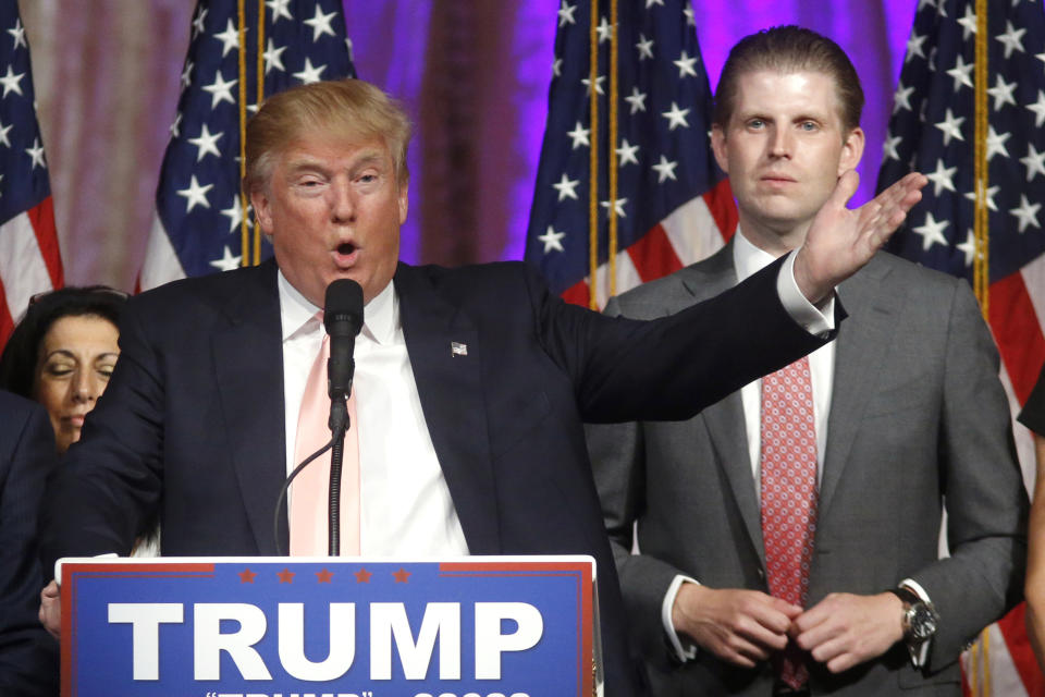 Republican presidential candidate Donald Trump speaks to supporters at his primary election night event. Source: AAP