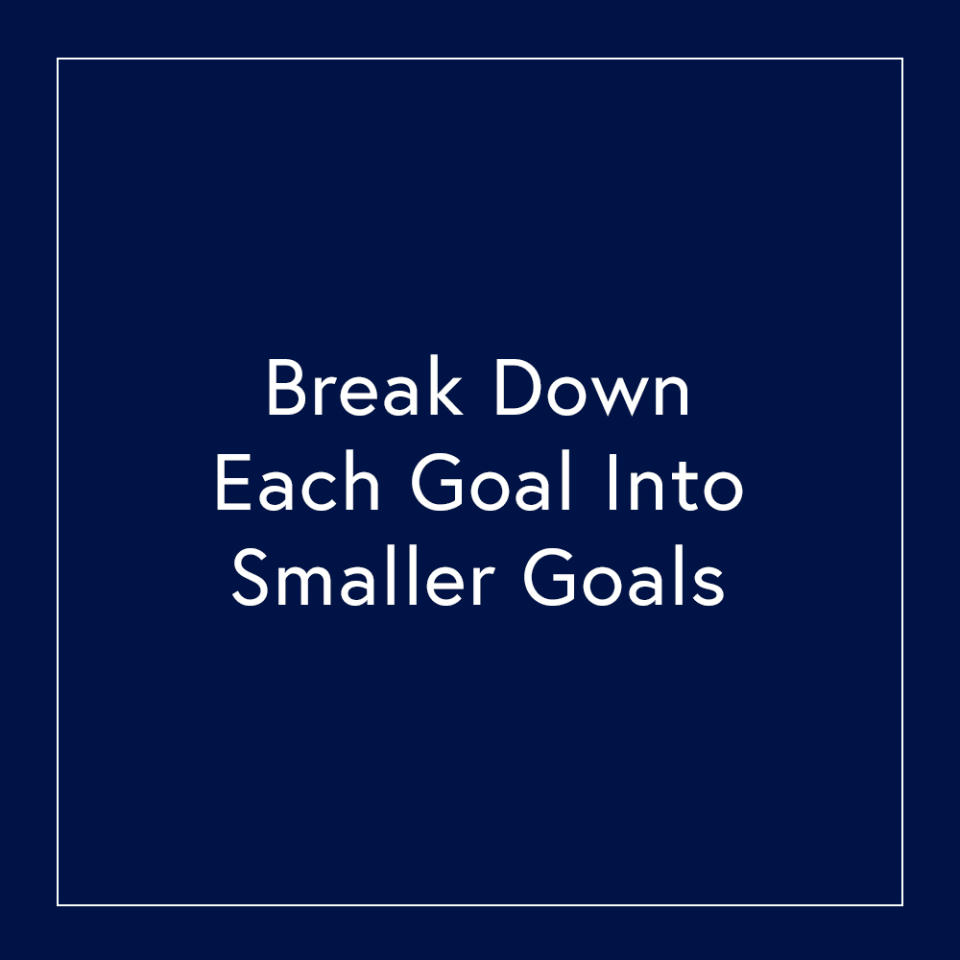 <p>Aiming to save up to buy a house is a great goal; however, it's also overwhelming and vague. Figure out what smaller goals could feed into this goal—in this example, it would be to pay off your credit card debt or take on a side hustle that will bring in extra income.</p> <p> <strong>Related Articles</strong> <ul> <li><a rel="nofollow noopener" href="http://thezoereport.com/fashion/style-tips/box-of-style-ways-to-wear-cape-trend/?utm_source=yahoo&utm_medium=syndication" target="_blank" data-ylk="slk:The Key Styling Piece Your Wardrobe Needs;elm:context_link;itc:0;sec:content-canvas" class="link ">The Key Styling Piece Your Wardrobe Needs</a></li><li><a rel="nofollow noopener" href="http://thezoereport.com/fashion/style-tips/how-to-style-a-fur-stole-winter-box-of-style/?utm_source=yahoo&utm_medium=syndication" target="_blank" data-ylk="slk:How Fashion Girls Pull Off The Faux-Fur Trend;elm:context_link;itc:0;sec:content-canvas" class="link ">How Fashion Girls Pull Off The Faux-Fur Trend</a></li><li><a rel="nofollow noopener" href="http://thezoereport.com/entertainment/celebrities/kim-kardashian-third-baby-born-surrogacy/?utm_source=yahoo&utm_medium=syndication" target="_blank" data-ylk="slk:Kim Kardashian And Kanye West Announce The Name Of Their 3rd Child;elm:context_link;itc:0;sec:content-canvas" class="link ">Kim Kardashian And Kanye West Announce The Name Of Their 3rd Child</a></li> </ul> </p>