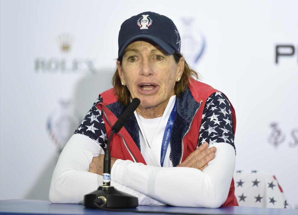 Team USA captain Juli Inkster speaks during a press conference after the singles match on day three of the 2019 Solheim Cup at Gleneagles Golf Club, Auchterarder, Scotland, Sunday Sept. 15, 2019. (Ian Rutherford/PA via AP)