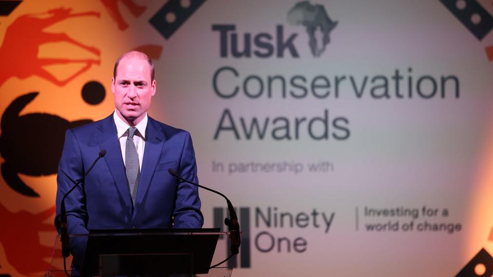 William, Prince of Wales gives a speech onstage during the 2023 Tusk Conservation Awards 