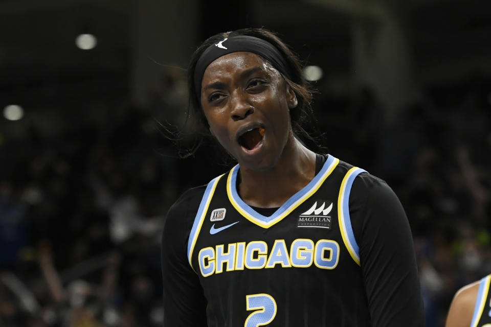 Chicago Sky's Kahleah Copper (2) reacts after being fouled during the first half of Game 3 of the WNBA Finals against the Phoenix Mercury, Friday, Oct. 15, 2021, in Chicago. (AP Photo/Paul Beaty)