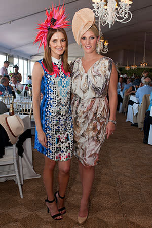 <p>Fashion writer Kate Waterhouse matches Zara's hat for height at the races in Sydney.</p>