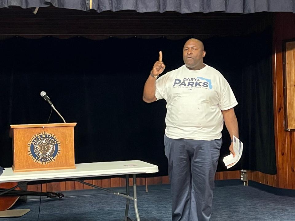 Daryl Parks, a candidate for Florida Senate District 3, speaks at the DCNF barbecue and political rally, Saturday, July 20, 2024.