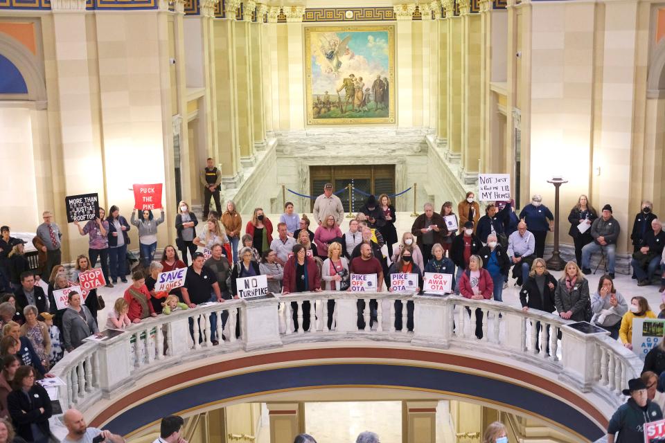 The Oklahoma Turnpike Authority announced Tuesday it is halting all work on the ACCESS Oklahoma turnpike expansion plan. In this file photo from March 23, residents rally against turnpike expansion at the Oklahoma Capitol.