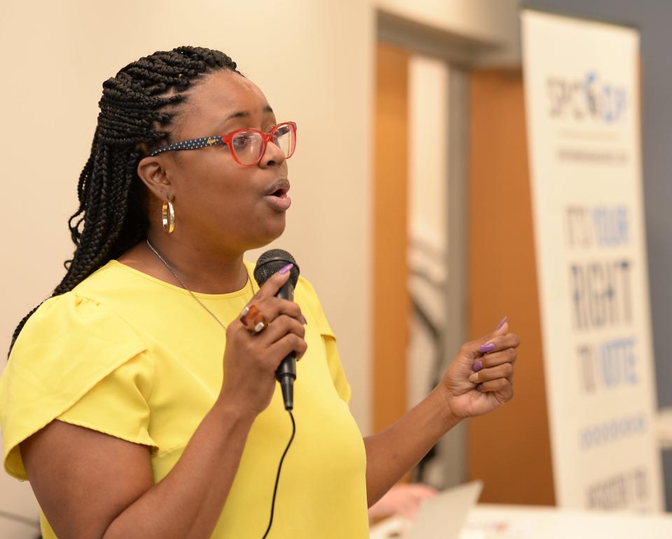 Speakers came to the Spartanburg County Democratic Party meeting at the TK Gregg Community Center on Sept. 6, 2022. One of the speakers was Democrat Krystle Matthews, who plans to oppose Republican U.S. Sen. Tim Scott in the Nov. 8 election. 