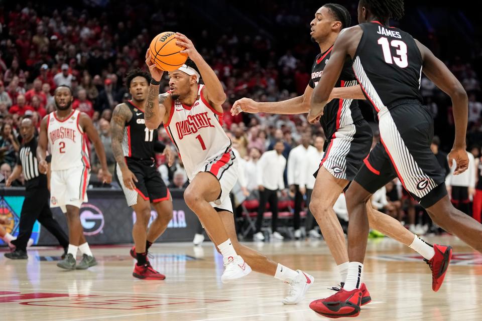 Ohio State guard Roddy Gayle Jr. drives to the basket during the Buckeye's loss to Georgia at Value City Arena in the NIT quarterfinals.