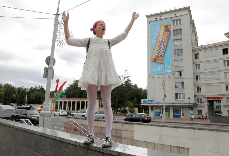 A woman takes part in a demonstration against police violence in Minsk