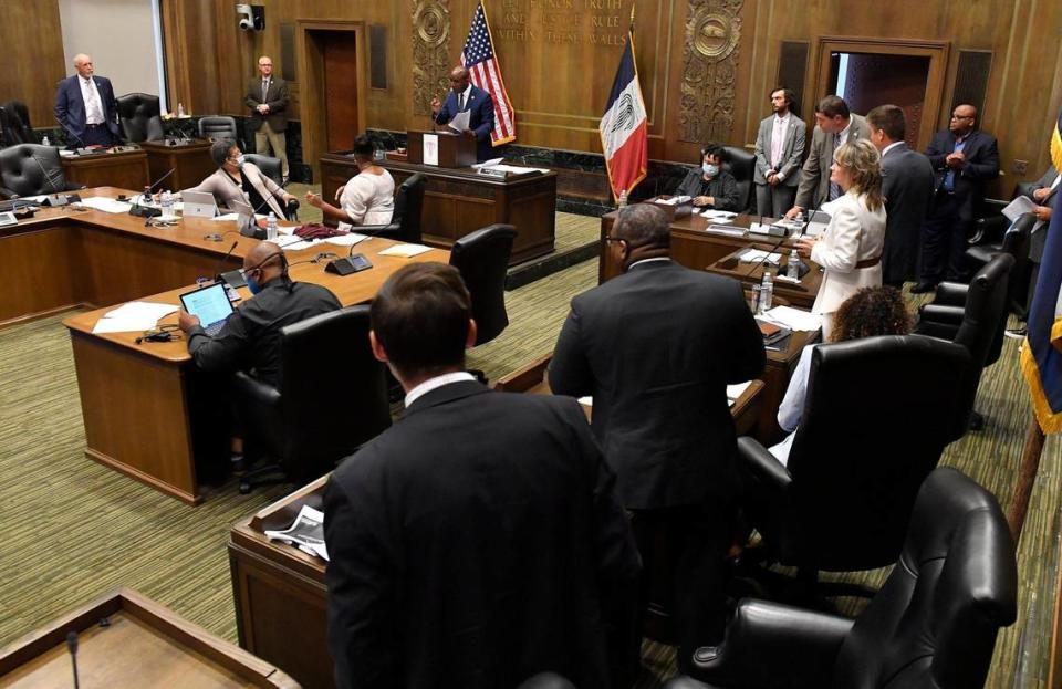 Kansas City Mayor Quinton Lucas struggled to communicate with city council members while members of KC Tenants protested Thursday afternoon in council chambers at City Hall. About 50 members of the citywide tenant union were on hand to oppose the passing of housing legislation.