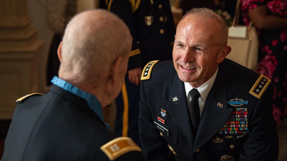 Former U.S. Army Capt. Larry L. Taylor speaks with then-Vice Chief of Staff of the Randy A. George after receiving the Medal of Honor at the White House in Washington, D.C., Sept. 5, 2023. Taylor was awarded the Medal of Honor for his acts of gallantry and intrepidity above and beyond the call of duty while serving in the Vietnam War. (Henry Villarama/Army)