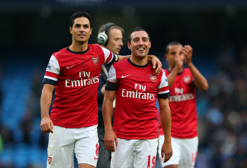 MANCHESTER, ENGLAND - SEPTEMBER 23: Mikel Arteta and Santi Cazorla of Arsenal at the finsl whistle during the Barclays Premier League match between Manchester City and Arsenal at Etihad Stadium on September 23, 2012 in Manchester, England. (Photo by Alex Livesey/Getty Images)