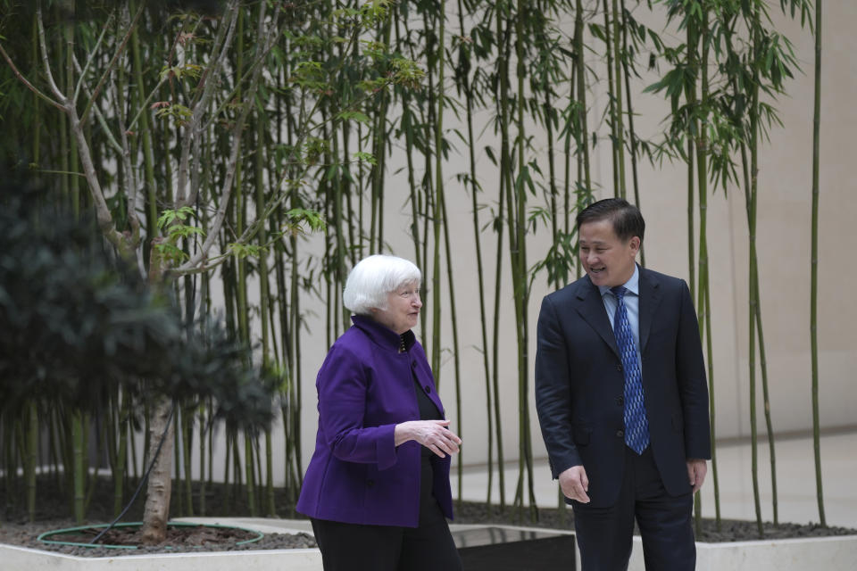U.S. Treasury Secretary Janet Yellen, left, talks with Governor of the People's Bank of China Pan Gongsheng as they meet at the People's Bank of China in Beijing Monday, April 8, 2024. U.S. Treasury Secretary Janet Yellen sent a message of mutual cooperation at a meeting Sunday with Chinese Premier Li Qiang, highlighting the improvement in relations since her visit to China last year while recognizing that major differences remain. (AP Photo/Tatan Syuflana, Pool)