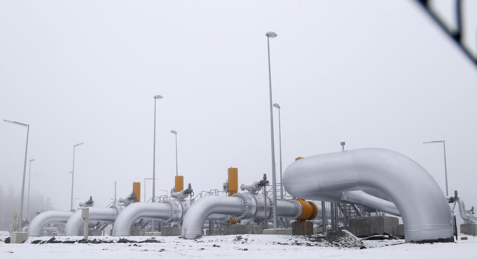 FILE - The natural gas pipe line station in the village of Primda, western Czech Republic, on Jan. 14, 2013. Europe is short of gas. Russia could in theory supply more beyond its long-term agreements, but hasn't, leading to accusations it is holding back to pressure Europe to approve a new controversial Russian pipeline. (AP Photo/Petr David Josek, File)