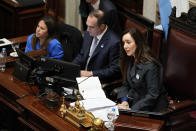 Argentine Vice President and Senate President Victoria Villarruel speaks before casting the tie-breaking vote in favor of a bill promoted by President Javier Milei in Buenos Aires, Argentina, Wednesday, June 12, 2024. The bill was approved in general and must now be debated article-by-article before being sent to the Lower House. (AP Photo/Natacha Pisarenko)