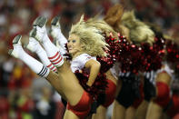 KANSAS CITY, MO - OCTOBER 31: Kansas City Chiefs cheerleaders perform during the game against the San Diego Chargers on October 31, 2011 at Arrowhead Stadium in Kansas City, Missouri. (Photo by Jamie Squire/Getty Images)