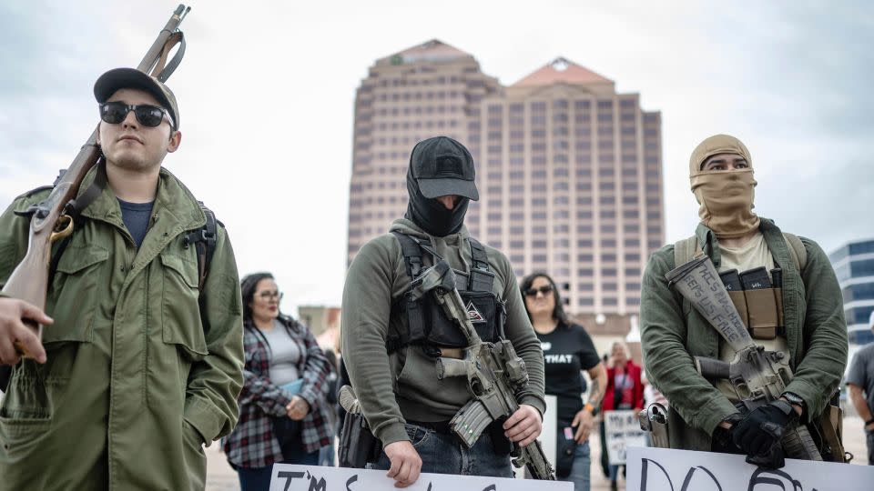 Demonstrators display open carry firearms at a Second Amendment Protest in response to Gov. Michelle Lujan Grisham's recent public health order suspending the conceal and open carry of guns in and around Albuquerque for 30-days. - Roberto E. Rosales/AP