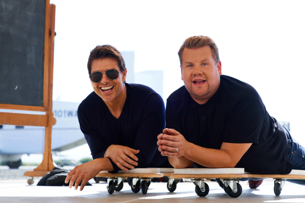 LOS ANGELES - JULY 26: Tom Cruise skydives with James Corden at Skydive Perris on The Late Late Show with James Corden. (Photo by Terence Patrick/CBS via Getty Images) 