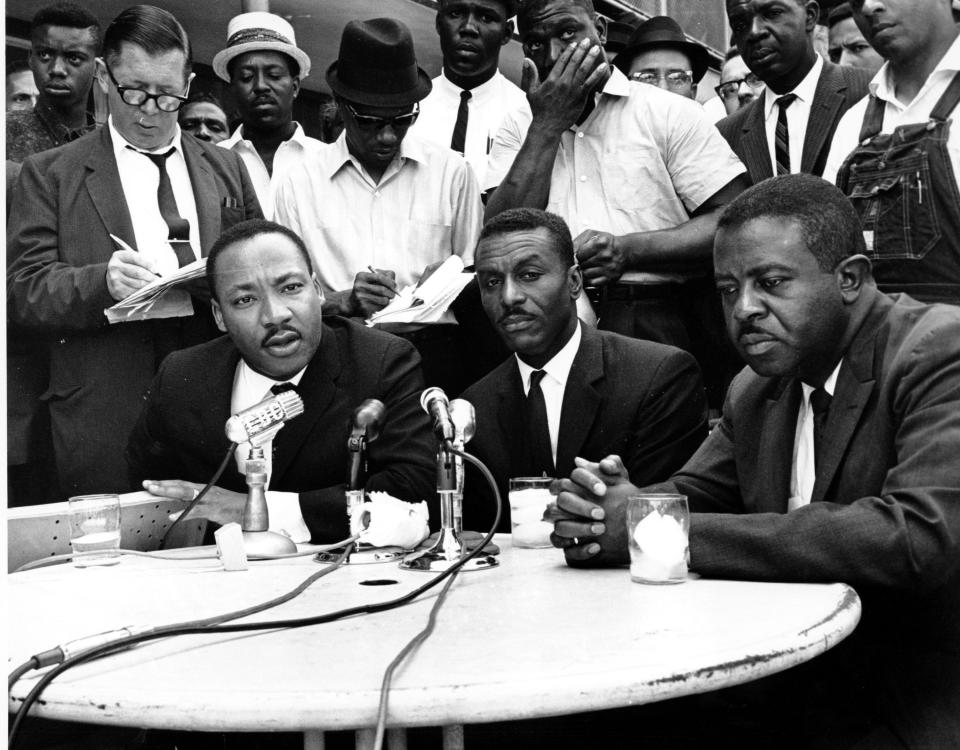 Civil rights leaders, from left, the Rev. Martin Luther King Jr., the Rev. Fred Shuttlesworth and the Rev. Ralph Abernathy hold a news conference in Birmingham, Alabama, on May 8, 1963.