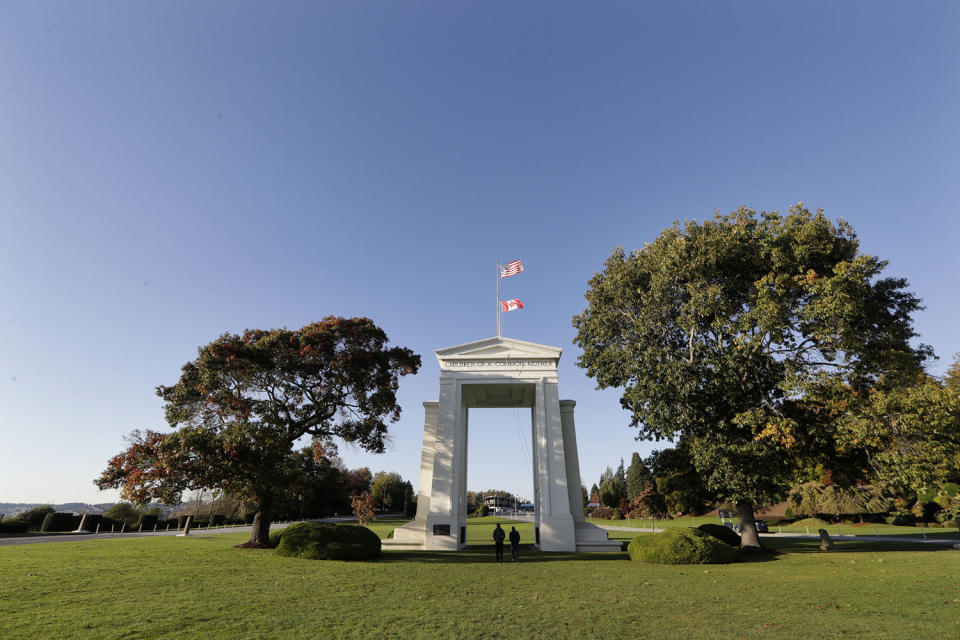 Peace Arch Park, which straddles the international boundary between the United States and Canada.