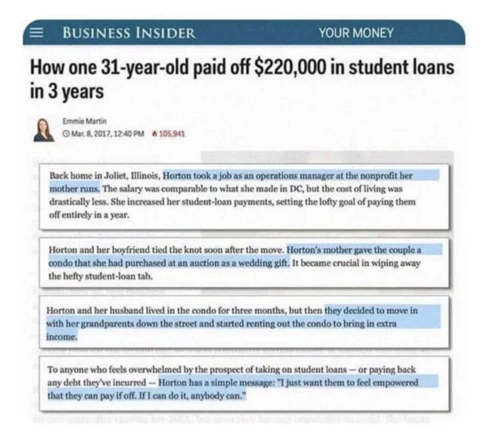 <div><p>"This person paid off all of their student loans with the help of, <b>checks notes,</b> a job given to her by her family, and housing with no rent required!"</p></div><span> Business Insider</span>